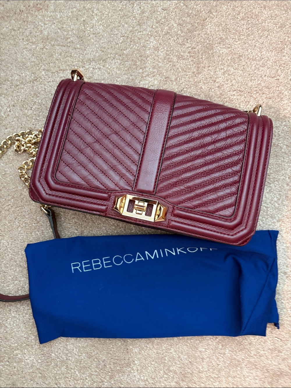 Rebecca Minkoff Quilted Chevron Crossbody in Wine with Gold Hardware